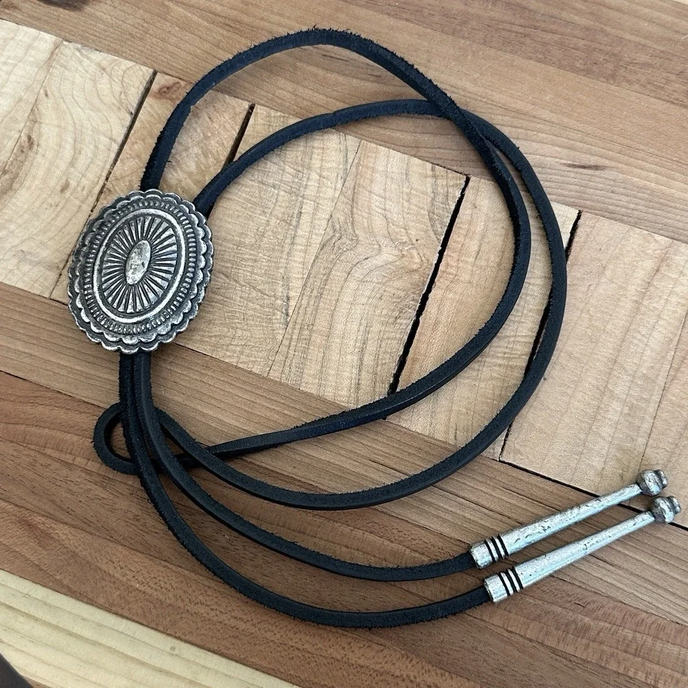 Vintage Western Bolo Tie 40 Inch Silver Plated Brass Concho Black Leather Cord